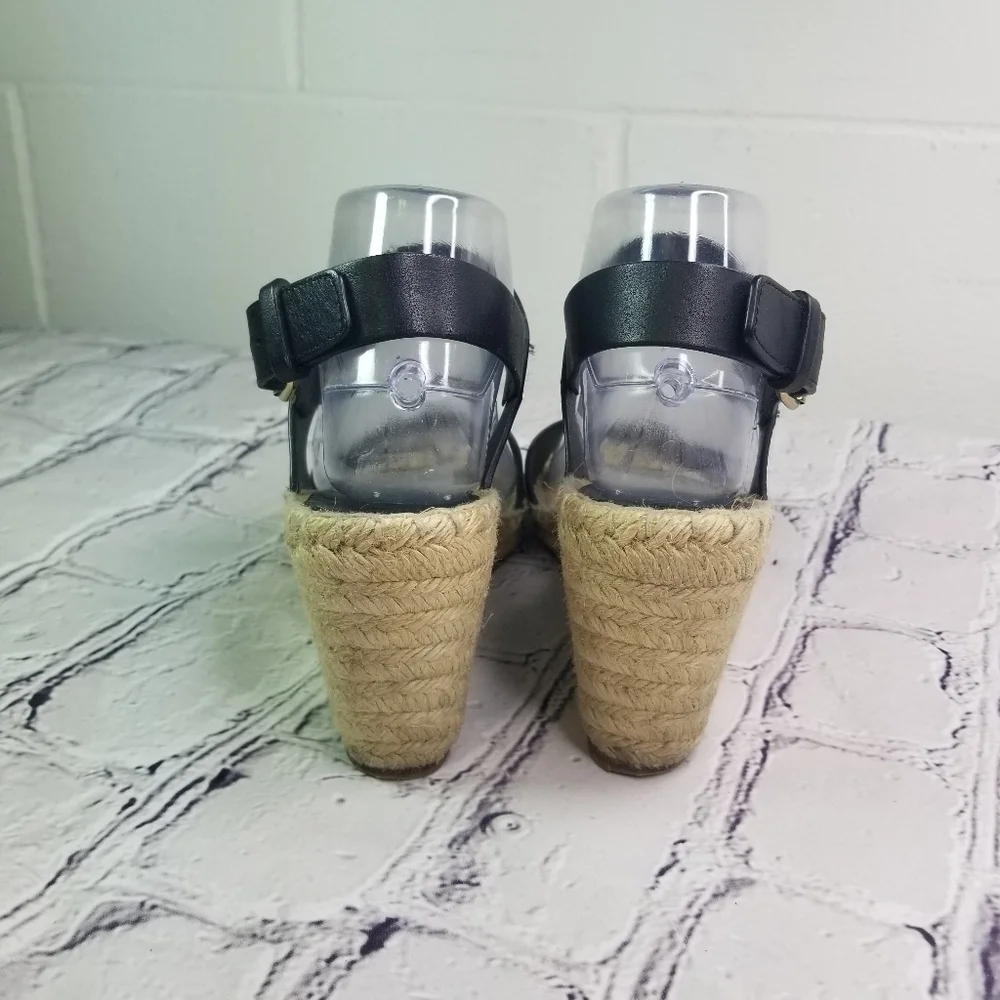 Celine black leather double strap wedge espadrille sandals